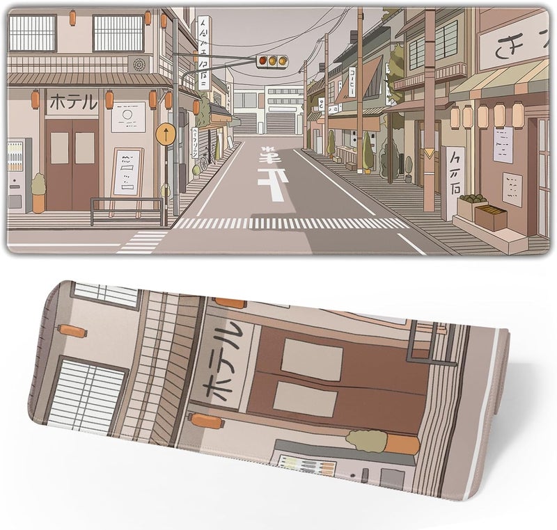 Brecoy Tokyo Street Anime Kawaii Large Gaming Mousepad XXL Beige Cute Desktop Laptop Keyboard Mouse Mat Desk Pad Big 31.5''x15.7'' with Stitched Edges Non-Slip Rubber Base - Image 1